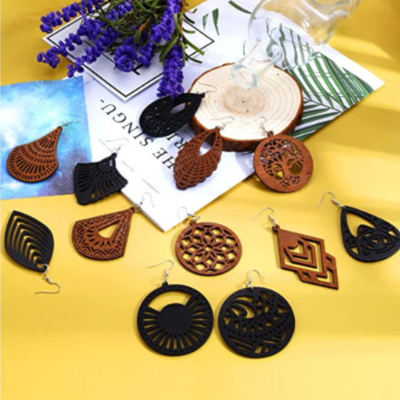 NEW Wood Earrings  BoHo Dangle Earring Lightweight Wooden Big Earrings Scroll - Picture 6 of 12